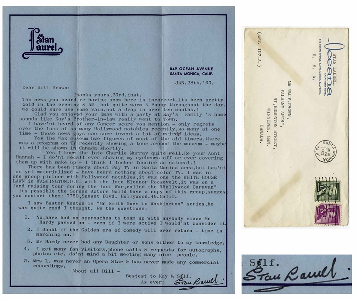 Stan Laurel Letter Signed -- ''...have had no approaches to team up with anybody since Mr. Hardy passed on...I would'nt consider it...''
